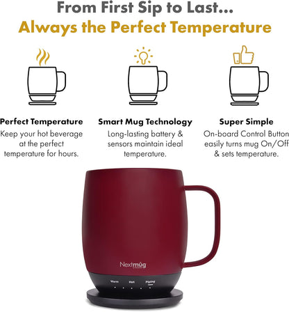 Nextmug - Temperature-Controlled, Self-Heating Coffee Mug (Burgundy - 14 oz.) - PuriLite