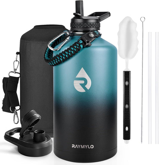 RAYMYLO One Gallon Water Bottle Insulated, Triple Walled Vacuum Stainless Steel (Cold for 48 Hrs), Leak Proof & BPA-Free, Large Water Flask Jug with Paracord Handle & Straw Spout Lids