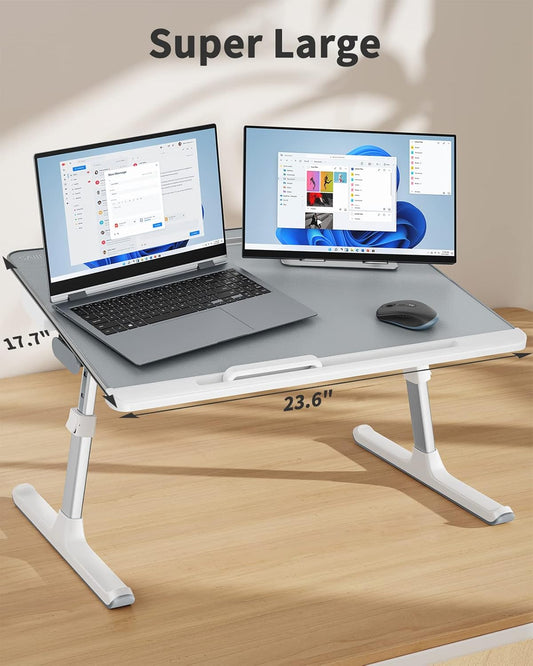 Laptop Bed Tray Desk, SAIJI Adjustable Laptop Stand for Bed, Foldable Laptop Table with Storage Drawer for Eating, Working, Writing, Gaming, Drawing (Gray) - PuriLite