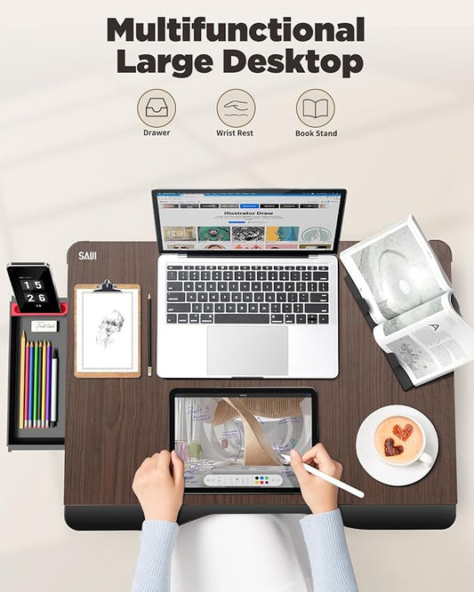 Laptop Desk for Bed, SAIJI XX-Large Foldable Bed Tray Table for Eating Breakfast, Writing, Working, Gaming, Drawing with Storage Drawer, Handrest Bookstand, Tablet Stand, Phone Stand(Black Cherry) - PuriLite