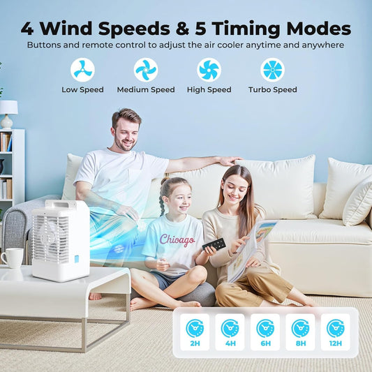 Portable Air Conditioners with Display, 1000ml Mini Air Conditioner 4-in-1 Air Cooler Remote Humidifier Mini AC with Dual Spray & 7 Colors Light, 4 Speeds Timing Personal Air Conditioner Cooling Fan