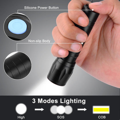 3 Pack Rechargeable Mini LED Flashlight - 3 Modes, Side COB Lamp, Zoomable, Water Resistant, Compact Pocket Size Torch