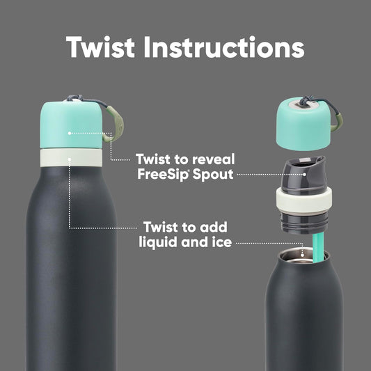 Owala FreeSip Twist Insulated Stainless Steel Water Bottle with Straw for Sports and Travel, BPA-Free, 24-oz, Blue/Grey (Foggy Tide) - PuriLite