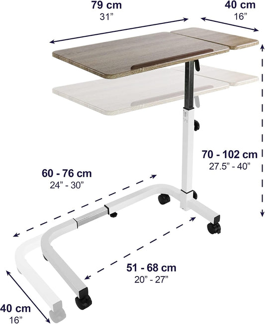 KMINA Overbed Table with Wheels, Hospital Bed Table Adjustable, Medical Bedside, C Shaped, Tilting, Wood, Elderly - PuriLite