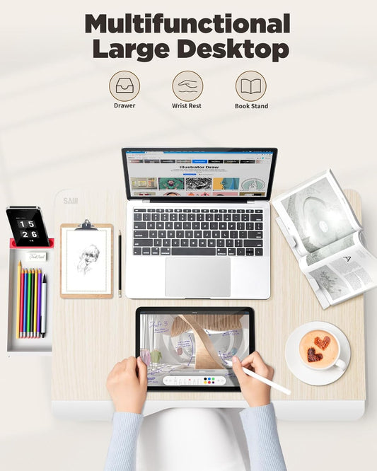 SAIJI Folding Bed Desk for Laptop, Eating Breakfast, Writing, Gaming, Extra Large 25.6" x 19.3" Portable Floor Stand Laptop Desk Table for Adult,Kids, Wood Bed Tray Table Lap Desk - PuriLite
