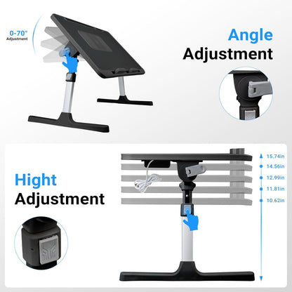 Laptop Lap Desk,Laptop Lap Desk with Cooling Fan,Folding Laptop Desk for Bed,Adjustable Lap Desk with Light Fan, Bed Desk with Storage Drawer,23.62"*15.74",Black