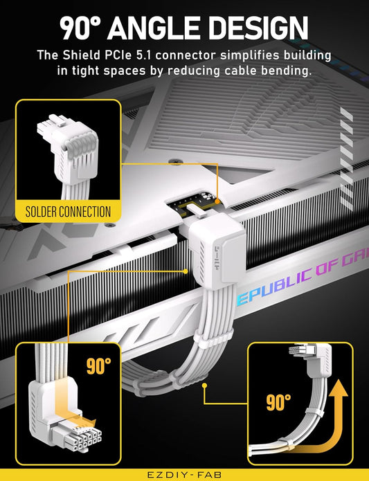EZDIY-FAB Shield PCIE 5.1 GPU Extension Cable with 90 Degree 12V-2x6 Angle Adapter,16pin (12+4) 12VHPWR PCIe 5.1 PSU Cable Extension for RTX 40 Series with Combs-Reverse Type-White