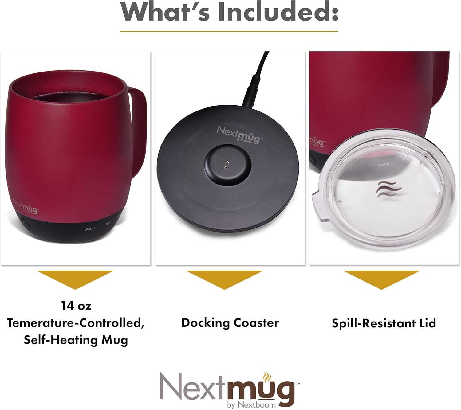 Nextmug - Temperature-Controlled, Self-Heating Coffee Mug (Burgundy - 14 oz.) - PuriLite