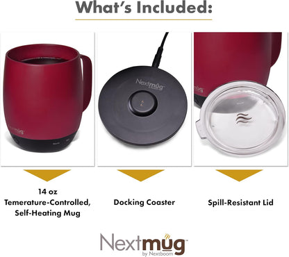 Nextmug - Temperature-Controlled, Self-Heating Coffee Mug (Burgundy - 14 oz.) - PuriLite