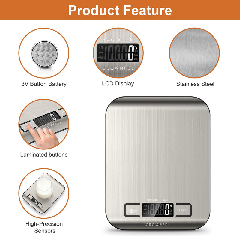 CROWNFUL Food Scale, 11lb Digital Kitchen Scales Weight Ounces and Grams for Cooking and Baking, 6 Units with Tare Function (Battery Included)