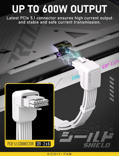 EZDIY-FAB Shield PCIE 5.1 GPU Extension Cable with 90 Degree 12V-2x6 Angle Adapter,16pin (12+4) 12VHPWR PCIe 5.1 PSU Cable Extension for RTX 40 Series with Combs-Reverse Type-White