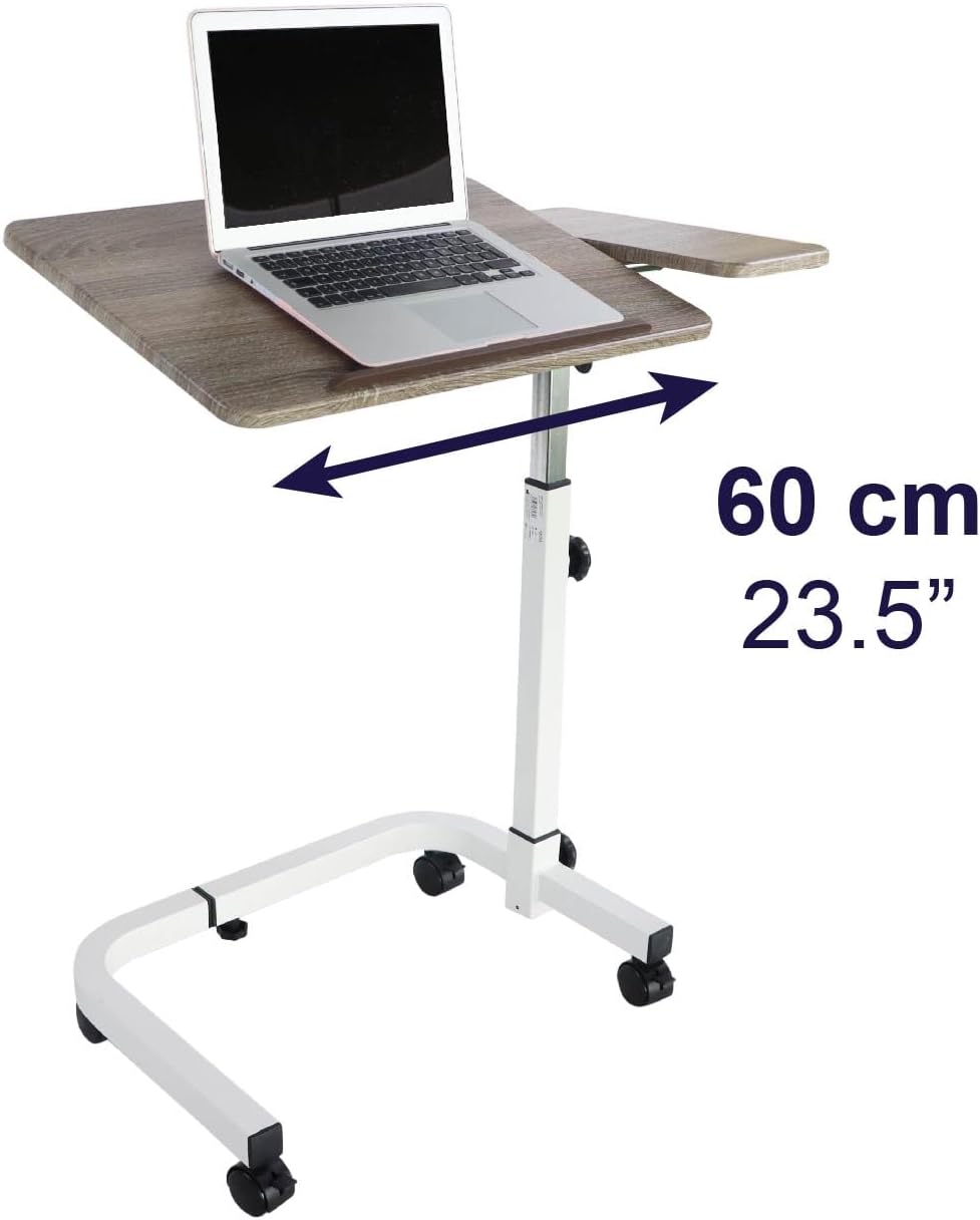 KMINA Overbed Table with Wheels, Hospital Bed Table Adjustable, Medical Bedside, C Shaped, Tilting, Wood, Elderly