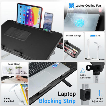 Laptop Lap Desk,Laptop Lap Desk with Cooling Fan,Folding Laptop Desk for Bed,Adjustable Lap Desk with Light Fan, Bed Desk with Storage Drawer,23.62"*15.74",Black