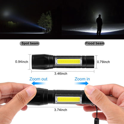 3 Pack Rechargeable Mini LED Flashlight - 3 Modes, Side COB Lamp, Zoomable, Water Resistant, Compact Pocket Size Torch