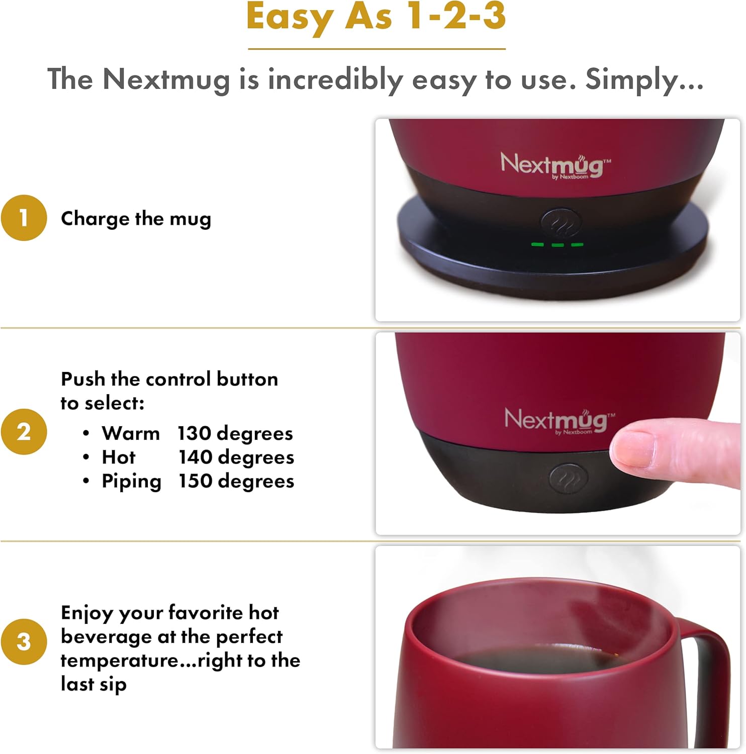 Nextmug - Temperature-Controlled, Self-Heating Coffee Mug (Burgundy - 14 oz.) - PuriLite