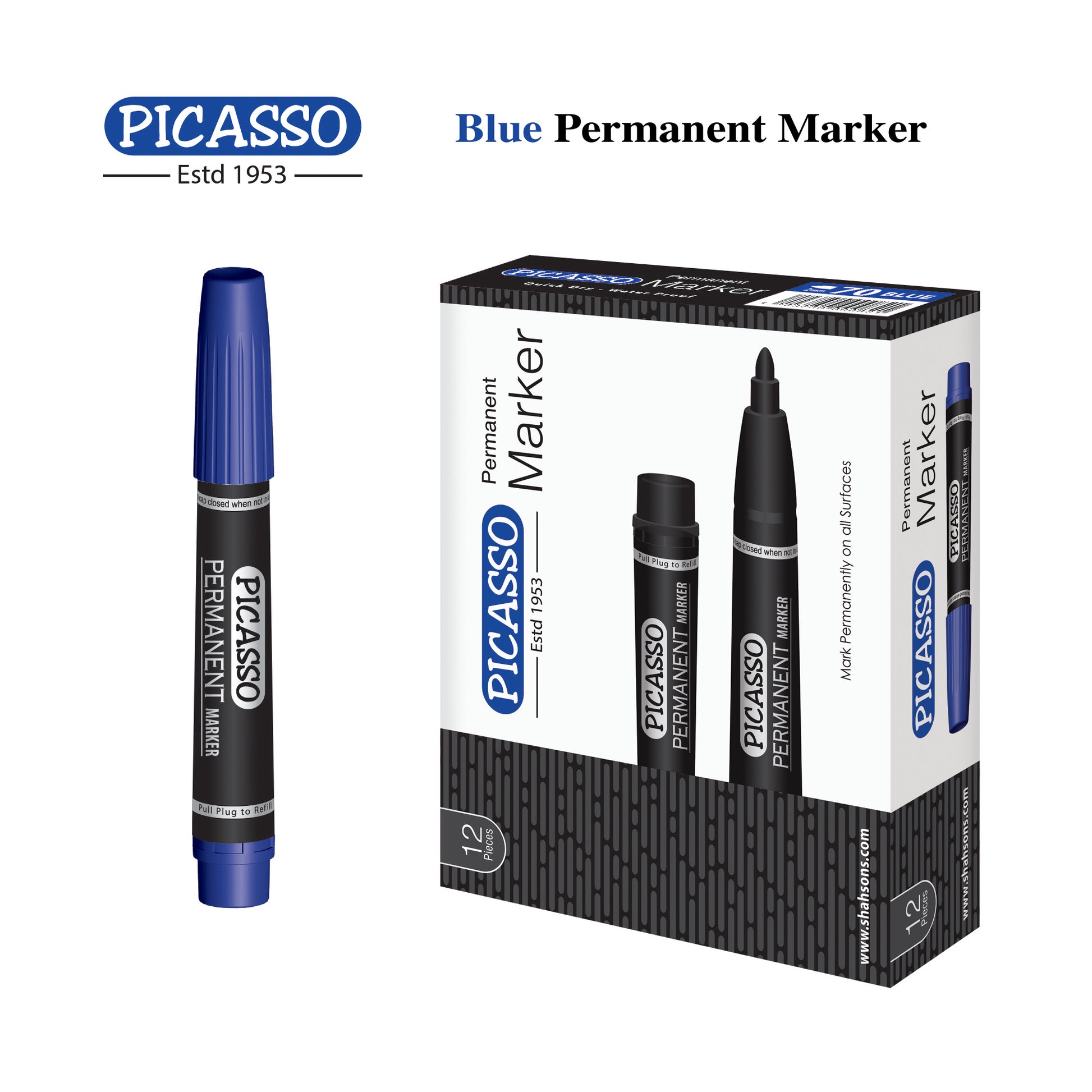 Picasso High Quality White Board Marker 12 Pcs in Cardboard Box - Available in 4 Ink Colours Blue, Black Red and Green - PuriLite