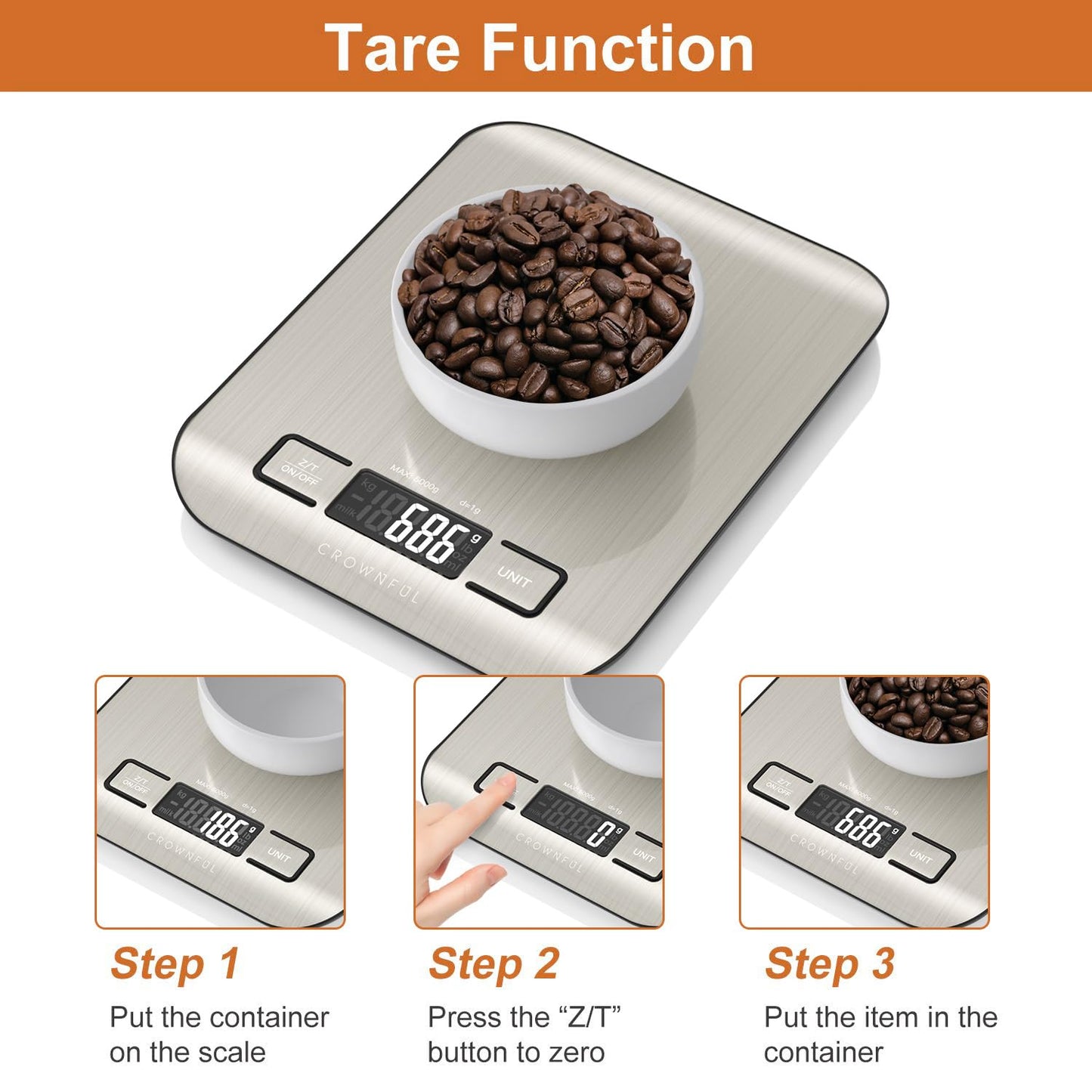 CROWNFUL Food Scale, 11lb Digital Kitchen Scales Weight Ounces and Grams for Cooking and Baking, 6 Units with Tare Function (Battery Included)