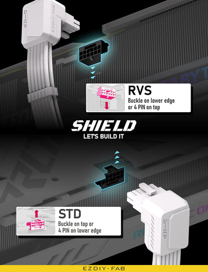 EZDIY-FAB Shield PCIE 5.1 GPU Extension Cable with 90 Degree 12V-2x6 Angle Adapter,16pin (12+4) 12VHPWR PCIe 5.1 PSU Cable Extension for RTX 40 Series with Combs-Reverse Type-White