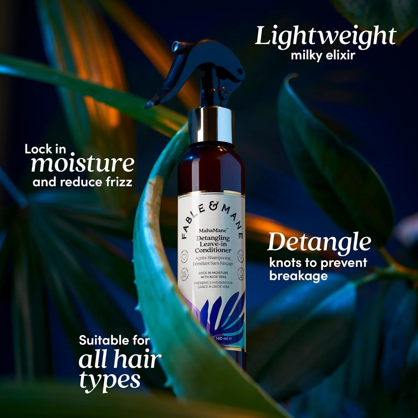 Fable & Mane Detangling Leave-In Conditioner, with UV Heat Protection for Smooth, Hydrated, Tangle-free Hair. Enriched with Aloe Vera (4.7 fl oz / 140ml)