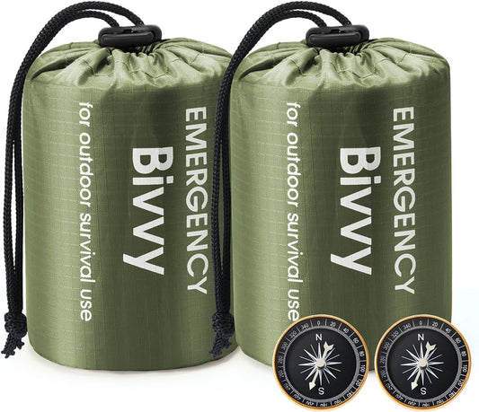 Emergency Sleeping Bag, 2 Pack Portable Survival Thermal Bivy Sack, Waterproof Lightweight Survival Shelter Blanket Bags with Compass for Camping Hiking Outdoor Adventure