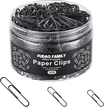 FUDAO FAMILY 500pcs Paper Clips Assorted Sizes, Small, Medium and Large（1.1inch, 1.3inch and 2inch) Paper Clips, Vinyl Coated Paperclips for Office, School, Home Supplies (Black)