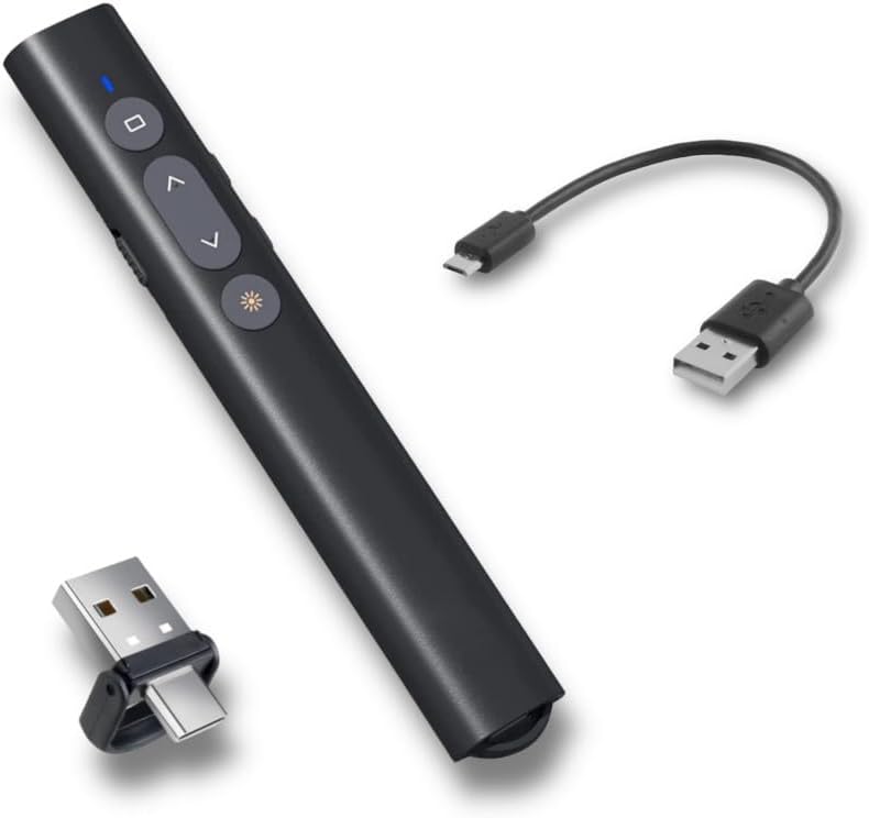 BzLine [Rechargeable] Presentation Clicker and Laser Pointer | Slide Advancer for Powerpoint, Google Slides | Long Range, USB & USB-C | Compatible with Mac/Windows | Volume Control - Built-in Battery