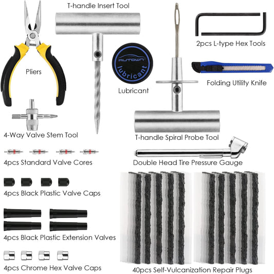 Tire Repair Kit - 68pcs Heavy Duty Tire Plug Kit, Universal Tire Repair Tools to Fix Punctures and Plug Flats Patch Kit for car Motorcycle, Truck, ARB，ATV, Tractor, RV, SUV, Trailer - PuriLite