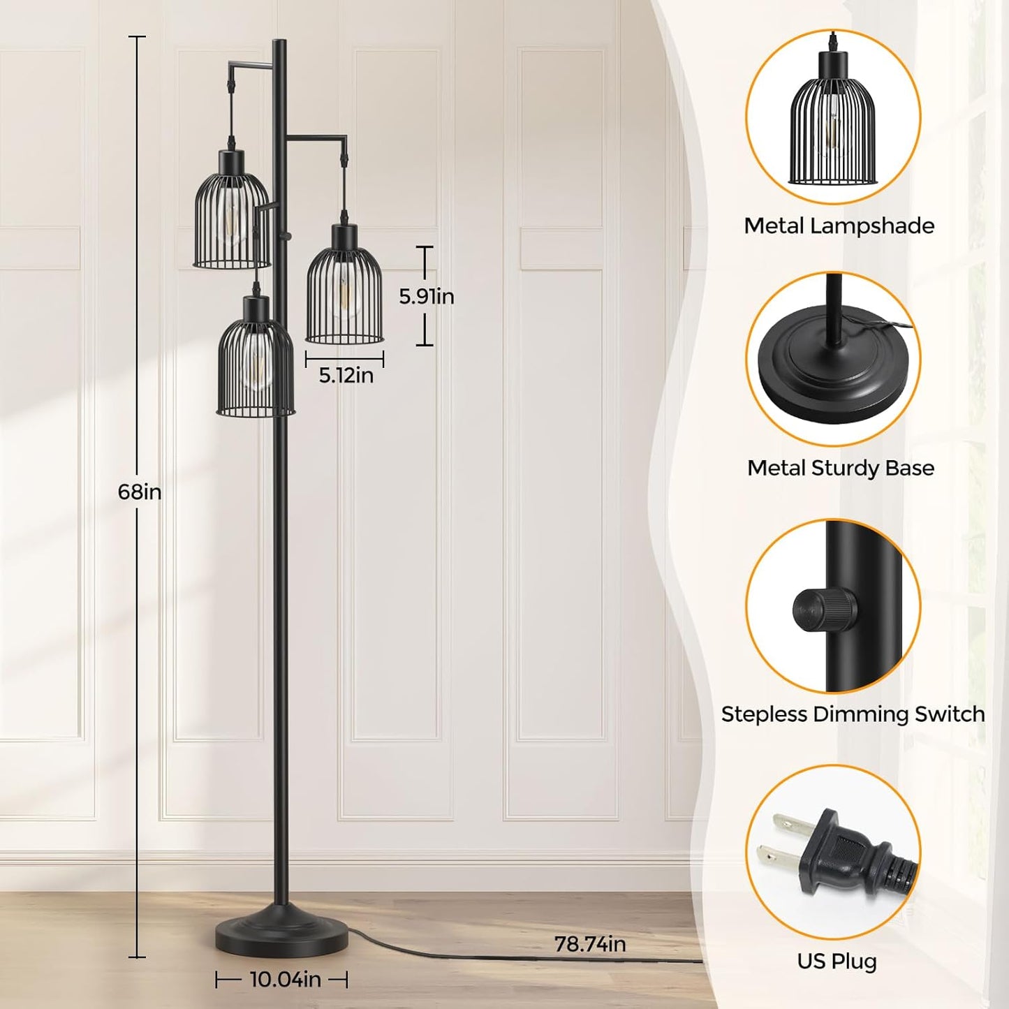 Stepless Dimmable Floor Lamps with Hanging Lampshades 3 Lights Boho Floor Lamps with 3 PCS 6W Bulbs Tree Standing Lamp Tall Pole Lamp for Living Room Bedroom Office, Black