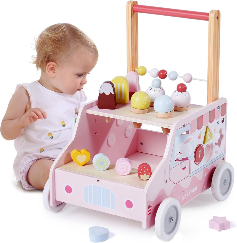 Wooden Baby Walker, Push Activity Walker Toys for Kids, Multifunctional Ice Cream Cart Activity Toy, Adjustable Speed Learning Walking, Birthday Gift for Boys&Girls