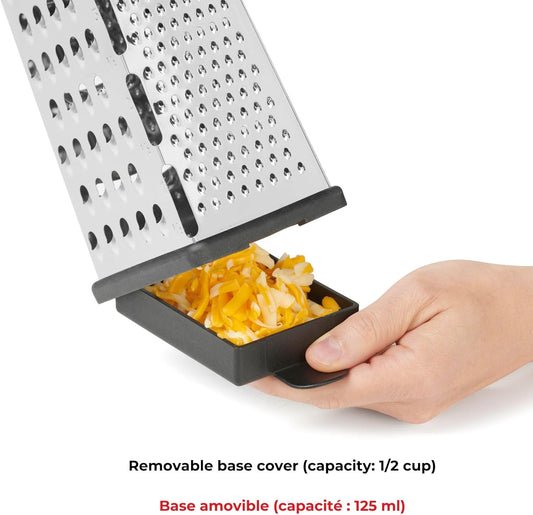 Starfrit Stainless Steel 4-Sided Boxed Grater with Removable Base Cover and Measuring Cup - Corner Cut-Outs to Measure Output (2025 Version) - PuriLite
