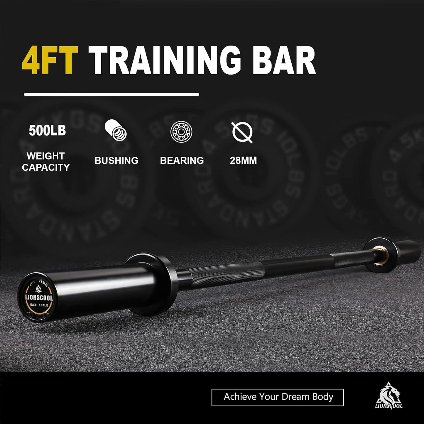 LIONSCOOL Premium 4ft/5ft/6ft Barbell for Strength Training and Olympic Weightlifting, 2 Inch Bar for Squats, Curls, Deadlifts, Presses, Hip Thrusts, Rows, 500LBS/700LBS Weight Capacity Available