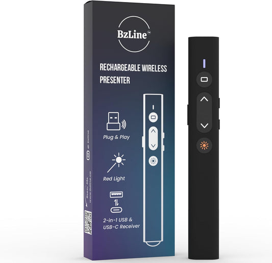 BzLine [Rechargeable] Presentation Clicker and Laser Pointer | Slide Advancer for Powerpoint, Google Slides | Long Range, USB & USB-C | Compatible with Mac/Windows | Volume Control - Built-in Battery