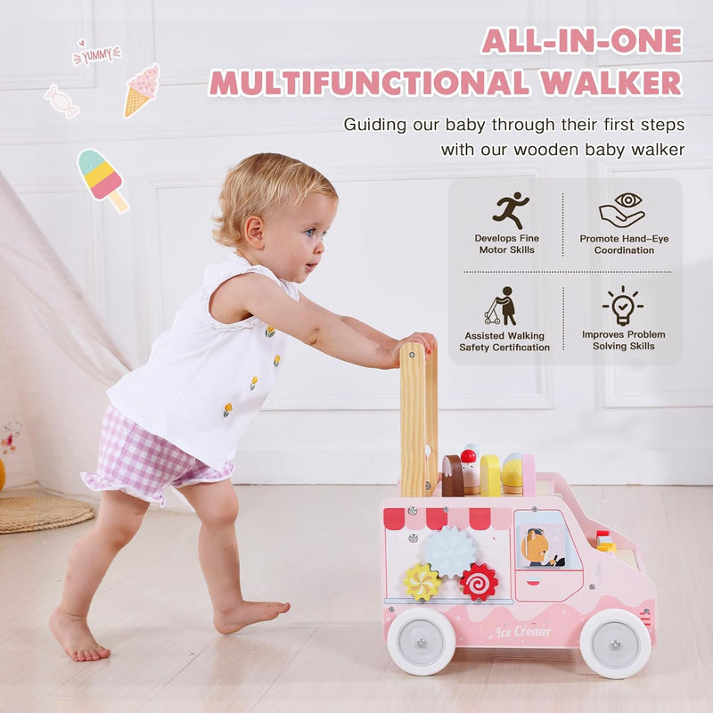 Wooden Baby Walker, Push Activity Walker Toys for Kids, Multifunctional Ice Cream Cart Activity Toy, Adjustable Speed Learning Walking, Birthday Gift for Boys&Girls