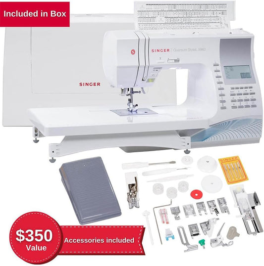 SINGER Quantum Stylist 9960 Computerized Sewing & Quilting Machine with Extension Table & Accessory Kit | 600 built-in stitches & Lettering, Full Metal Frame, LED Light & High-End Touch buttons - PuriLite