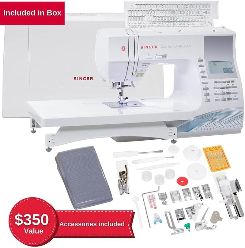SINGER Quantum Stylist 9960 Computerized Sewing & Quilting Machine with Extension Table & Accessory Kit | 600 built-in stitches & Lettering, Full Metal Frame, LED Light & High-End Touch buttons
