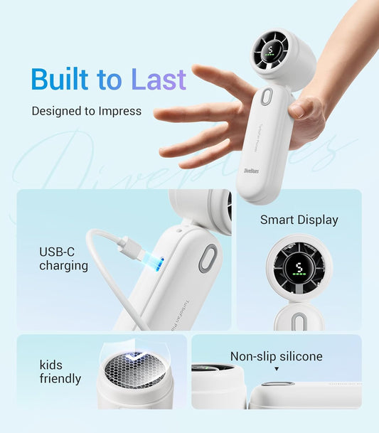 iTurbo Handheld Turbo Fan, Mini Foldable Portable Rechargeable Battery Hand Fans, 5 Gear High Speeds Led Display,Powerful Airflow, Small Fan Travel Essentials Beach, Outdoor, Work