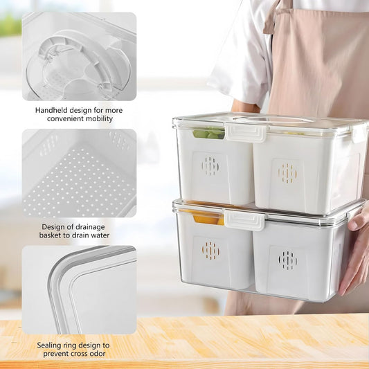 Fridge Organizer with Lids,4 Compartment Airtight Veggie Fruit Storage Containers for Fridge with Handle,Stackable Organizer,Fresh Produce Saver for Food and Storage for Fruit,Veggie - PuriLite