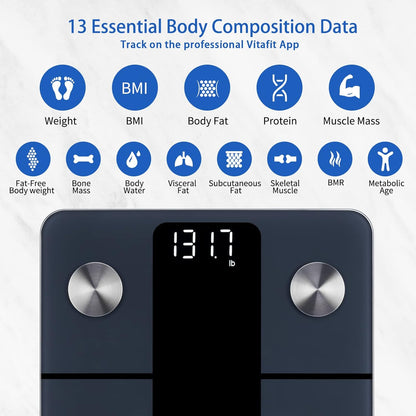 Smart Bathroom Scale Body Weight, Weight Scale Professional Factory Since 2001, App Sync 13 Body Composition Including BMI, Body Fat and Muscle, 400lb in 0.1lb Precision, White LED, Black