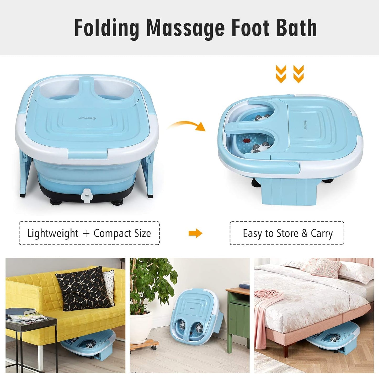 COSTWAY Foot Spa Bath Massager, Collapsible Portable Feet Salon Tub with Adjustable Heating Temperature & Electric Roller, Remote Control for Easy Operation, Infrared Lights, Bubbles Function