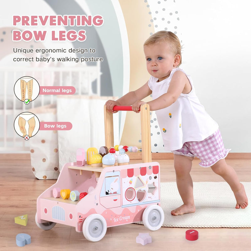 Wooden Baby Walker, Push Activity Walker Toys for Kids, Multifunctional Ice Cream Cart Activity Toy, Adjustable Speed Learning Walking, Birthday Gift for Boys&Girls