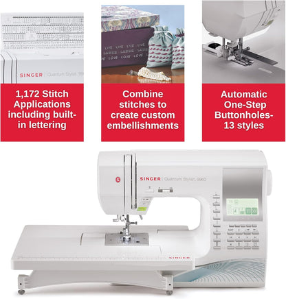 SINGER Quantum Stylist 9960 Computerized Sewing & Quilting Machine with Extension Table & Accessory Kit | 600 built-in stitches & Lettering, Full Metal Frame, LED Light & High-End Touch buttons