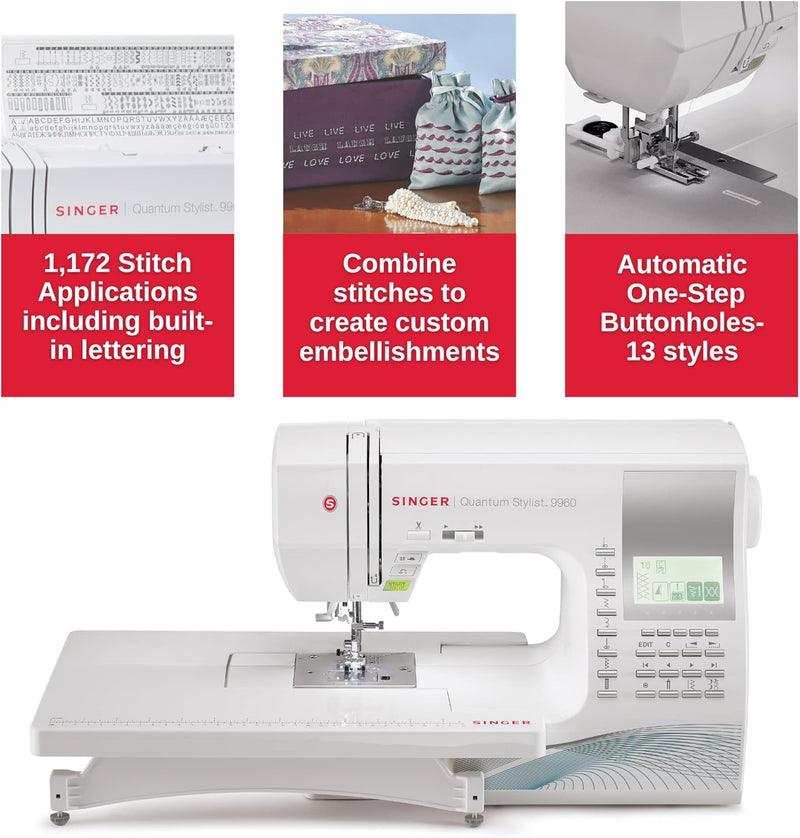 SINGER Quantum Stylist 9960 Computerized Sewing & Quilting Machine with Extension Table & Accessory Kit | 600 built-in stitches & Lettering, Full Metal Frame, LED Light & High-End Touch buttons