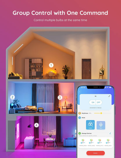 Govee Smart Light Bulbs, Color Changing Light Bulb, Work with Alexa and Google Assistant, 16 Million Colors RGBWW, WiFi & Bluetooth LED Light Bulbs, Music Sync, A19, 800 Lumens, 4 Pack