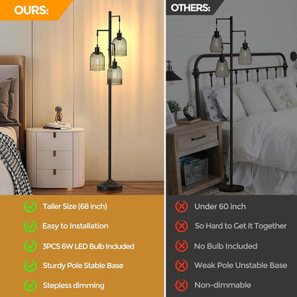 Stepless Dimmable Floor Lamps with Hanging Lampshades 3 Lights Boho Floor Lamps with 3 PCS 6W Bulbs Tree Standing Lamp Tall Pole Lamp for Living Room Bedroom Office, Black
