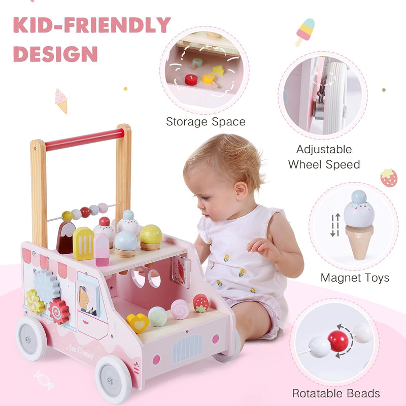 Wooden Baby Walker, Push Activity Walker Toys for Kids, Multifunctional Ice Cream Cart Activity Toy, Adjustable Speed Learning Walking, Birthday Gift for Boys&Girls