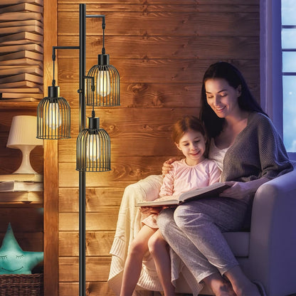 Stepless Dimmable Floor Lamps with Hanging Lampshades 3 Lights Boho Floor Lamps with 3 PCS 6W Bulbs Tree Standing Lamp Tall Pole Lamp for Living Room Bedroom Office, Black
