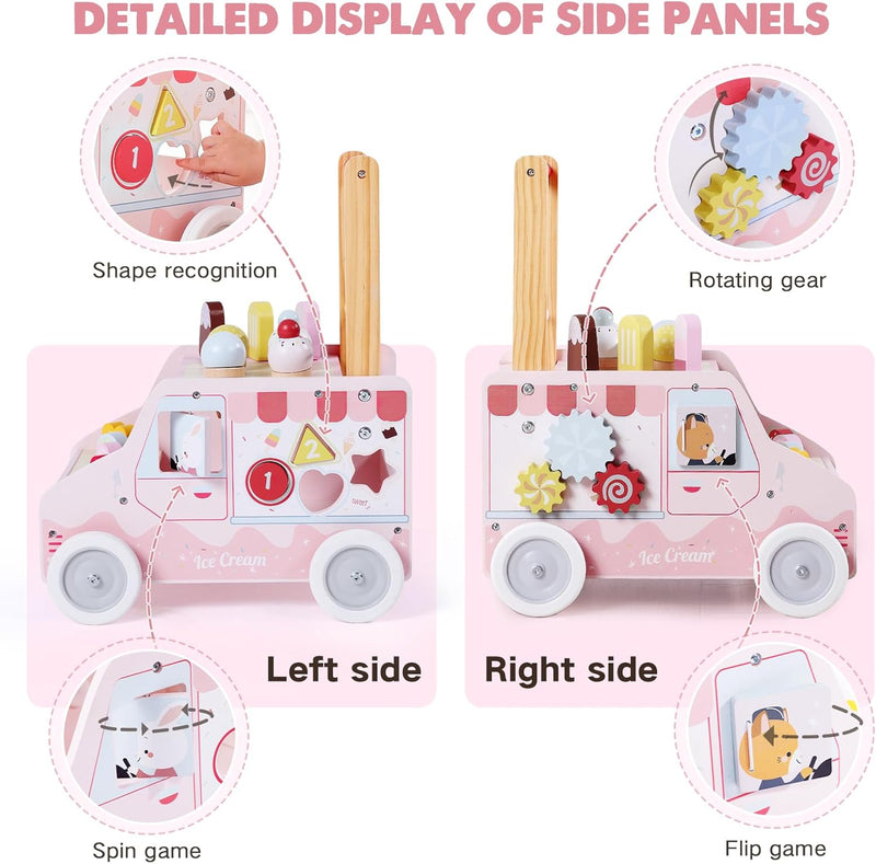 Wooden Baby Walker, Push Activity Walker Toys for Kids, Multifunctional Ice Cream Cart Activity Toy, Adjustable Speed Learning Walking, Birthday Gift for Boys&Girls