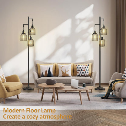 Stepless Dimmable Floor Lamps with Hanging Lampshades 3 Lights Boho Floor Lamps with 3 PCS 6W Bulbs Tree Standing Lamp Tall Pole Lamp for Living Room Bedroom Office, Black