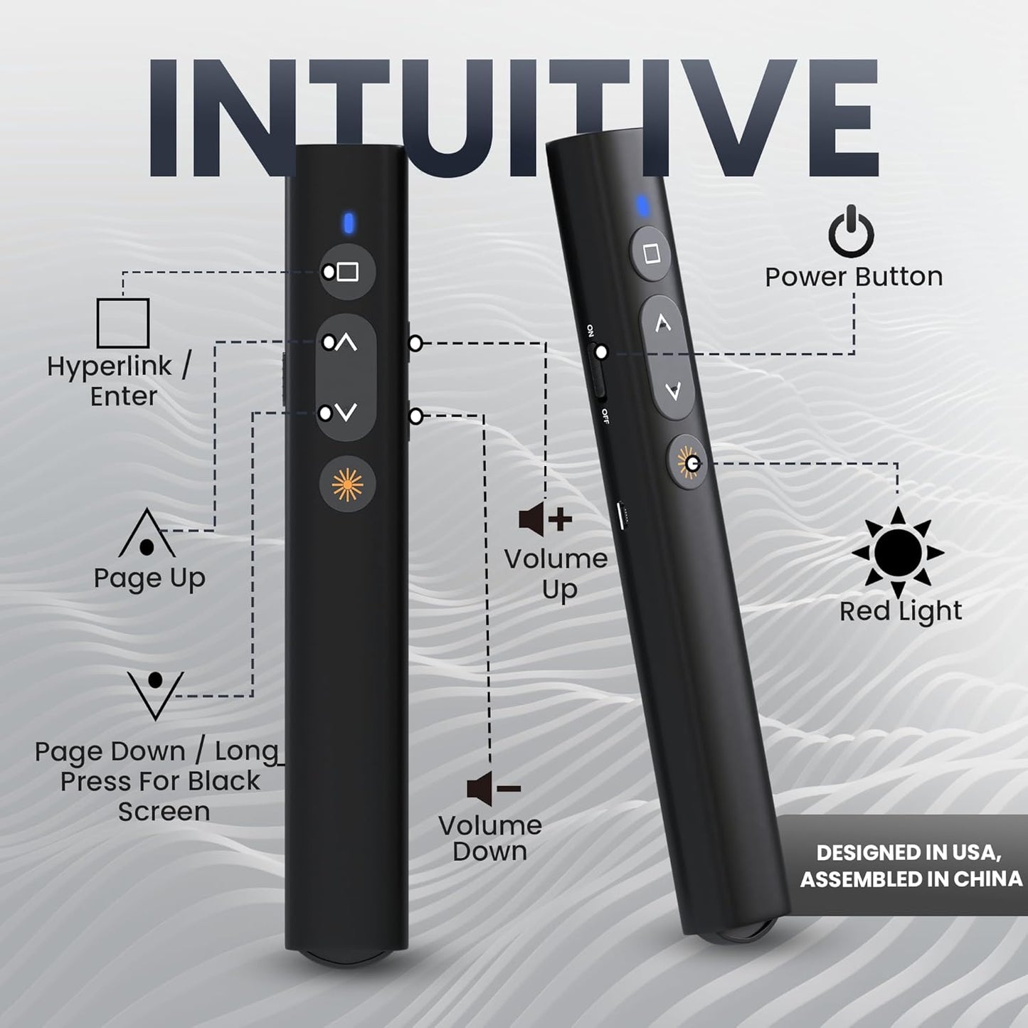 BzLine [Rechargeable] Presentation Clicker and Laser Pointer | Slide Advancer for Powerpoint, Google Slides | Long Range, USB & USB-C | Compatible with Mac/Windows | Volume Control - Built-in Battery