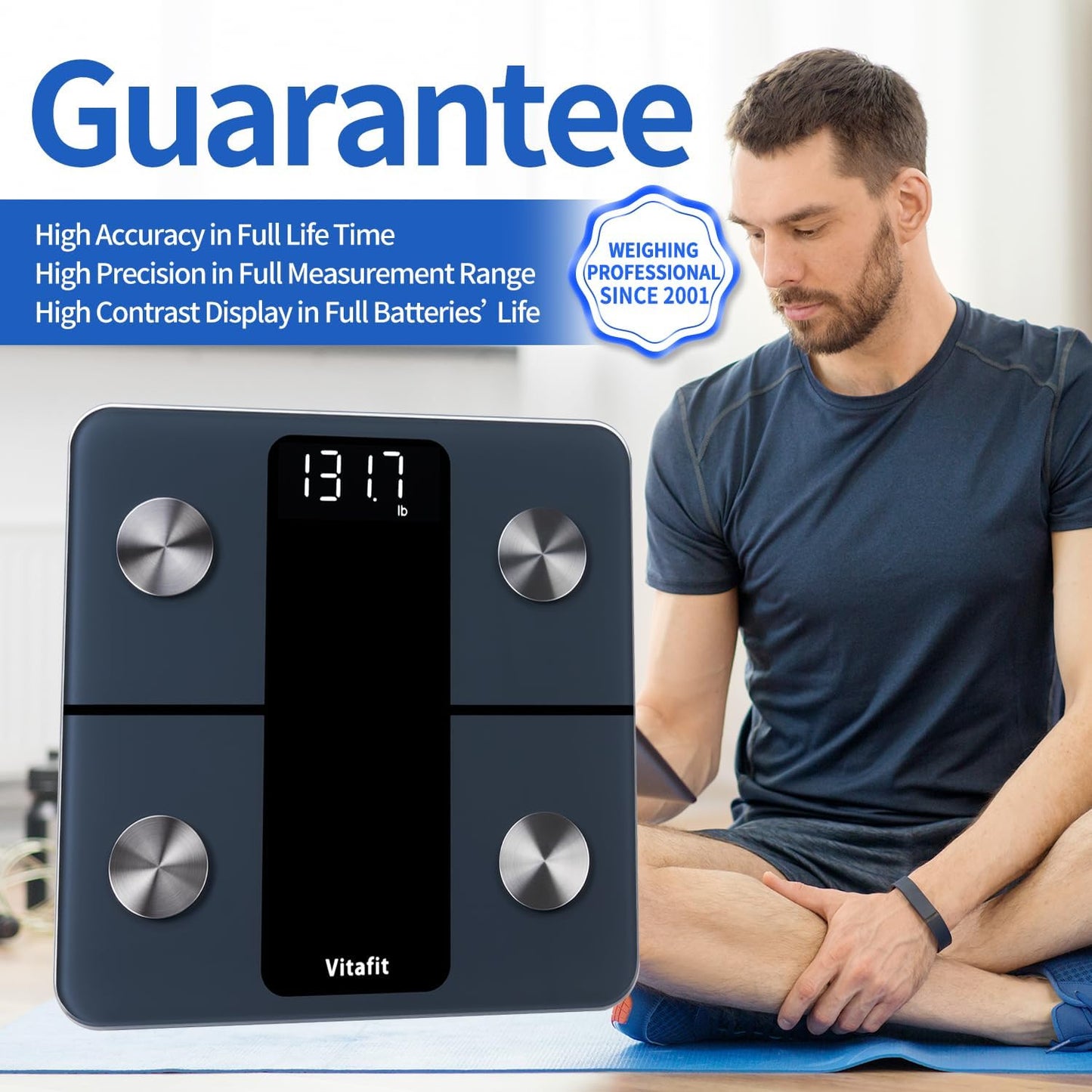 Smart Bathroom Scale Body Weight, Weight Scale Professional Factory Since 2001, App Sync 13 Body Composition Including BMI, Body Fat and Muscle, 400lb in 0.1lb Precision, White LED, Black